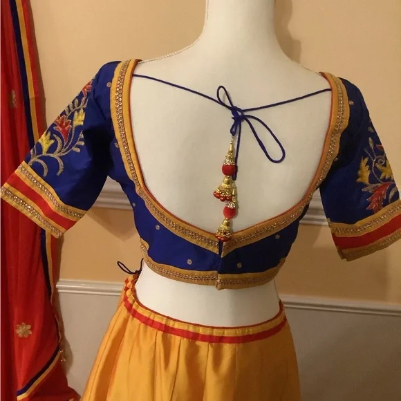 Vibrant Blue and Yellow Embroidered Lehenga Choli - Picture 3 of 12